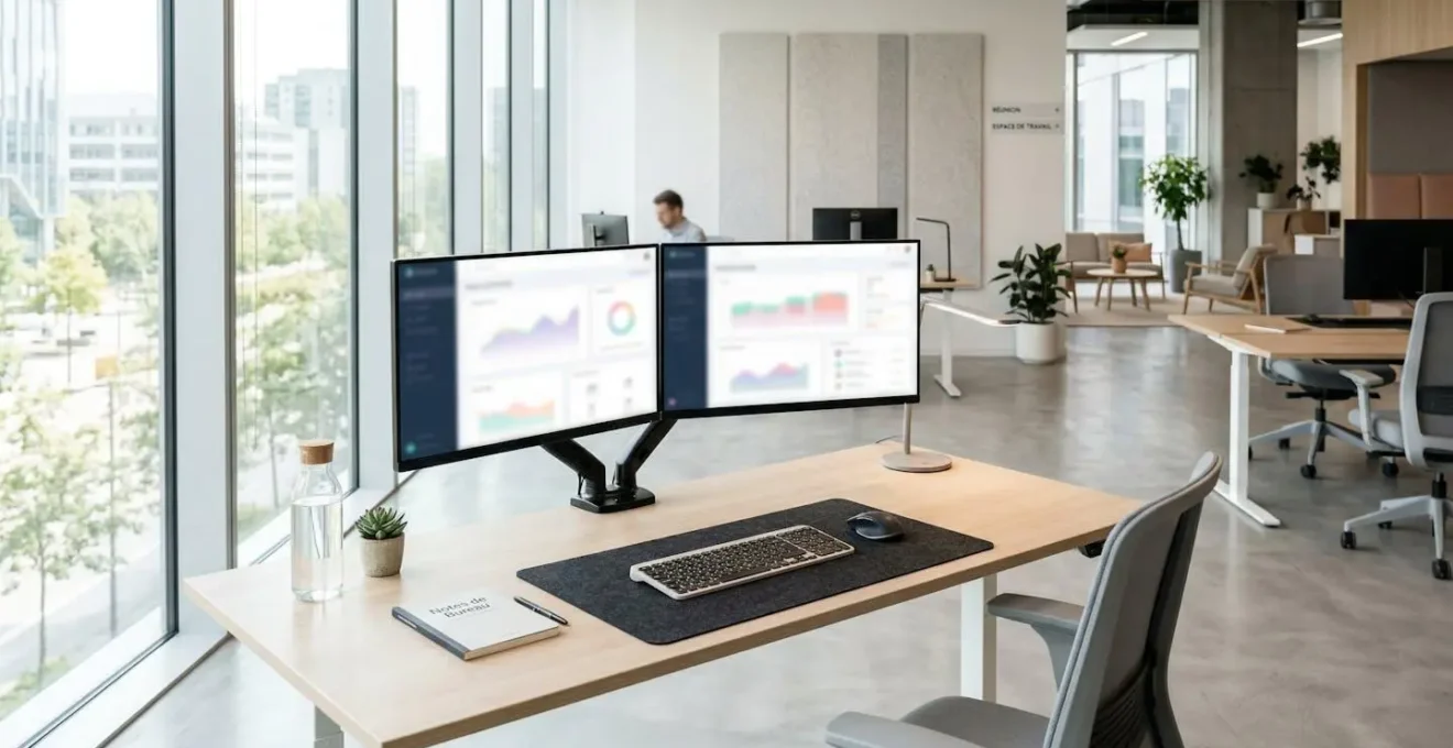 Bureau moderne épuré avec double écran affichant des tableaux de bord et graphiques floutés, espace de travail organisé et lumineux