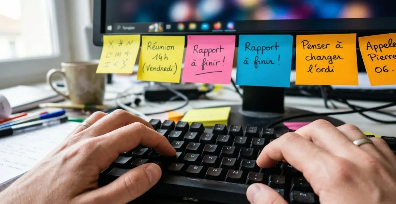Gros plan sur des mains tapant sur un clavier d'ordinateur avec des post-its colorés collés sur le bord de l'écran, surface de bureau encombrée