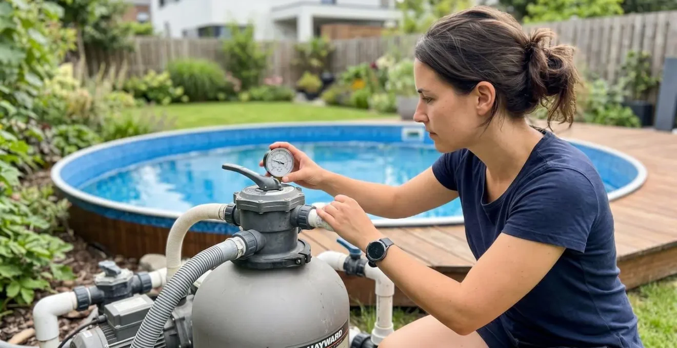 Vue de profil d'une personne en train de vérifier le manomètre de pression sur un système de filtration de piscine, mains en action sur le boîtier, avec une piscine hors-sol en arrière-plan