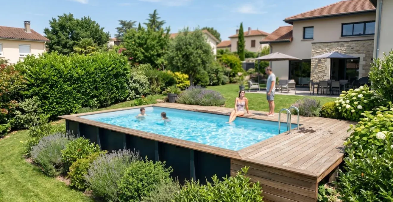 Une piscine tubulaire rectangulaire avec eau bleue claire installée dans un jardin résidentiel français, entourée d'une terrasse en bois et de végétation soignée