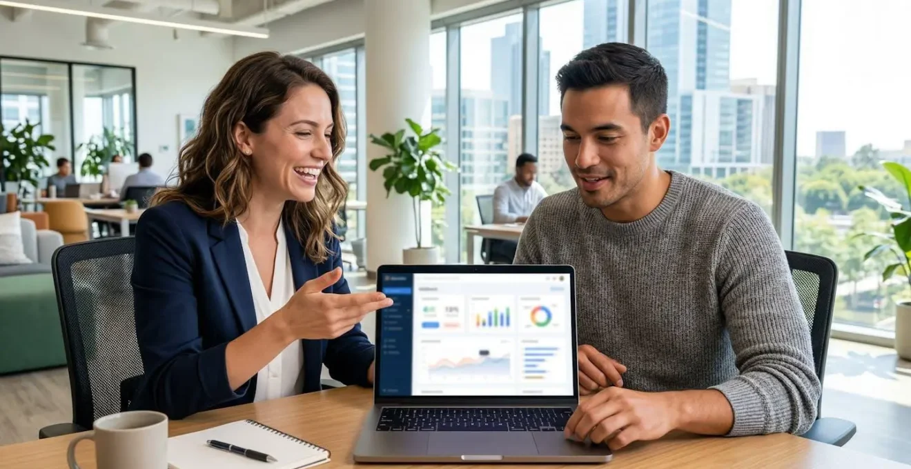 Deux professionnels en réunion de travail devant un ordinateur portable affichant un tableau de bord de gestion, dans un bureau moderne lumineux