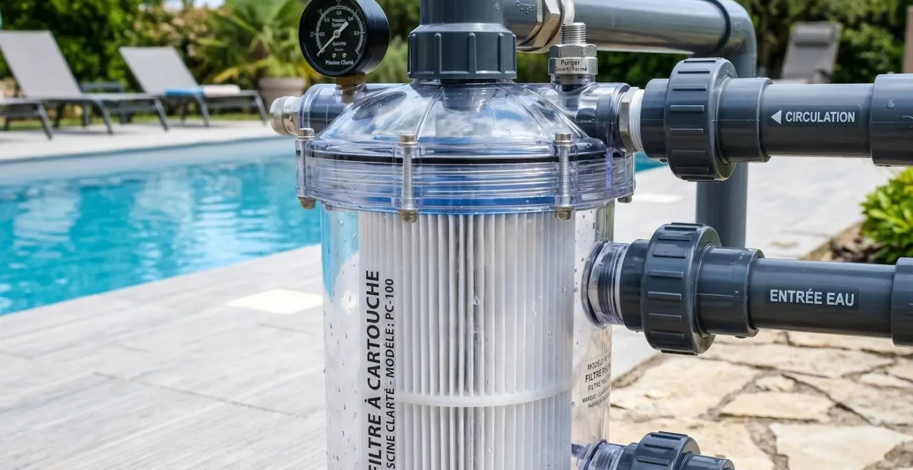 Gros plan sur un boîtier transparent de filtre à cartouche moderne montrant la cartouche plissée blanche à l'intérieur, avec des raccords propres et un environnement extérieur net flouté en arrière-plan